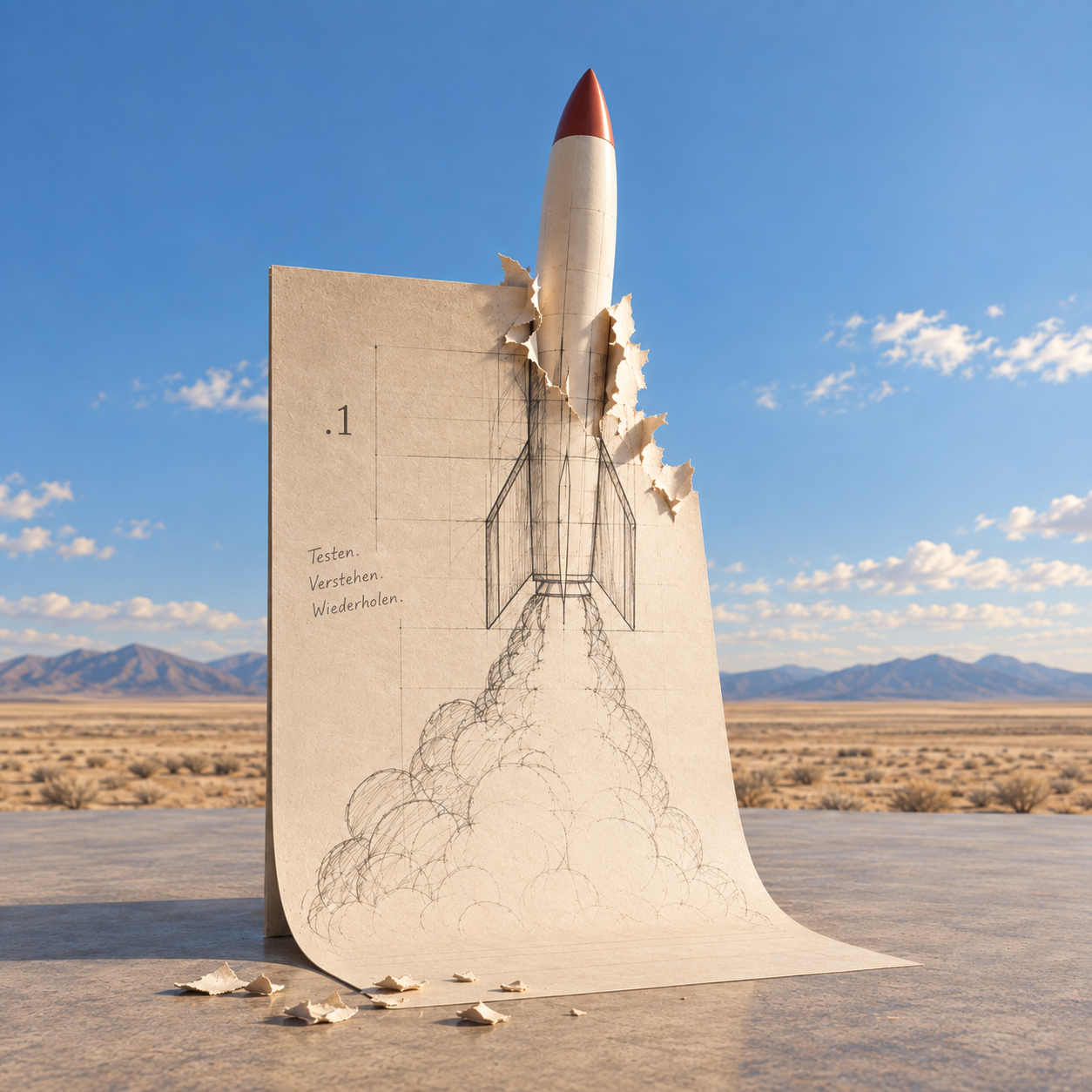 Eine Papier-Skizze mit dem milestone.1 Zeichen, durch die eine Rakete bricht – daneben: Testen. Verstehen. Wiederholen.